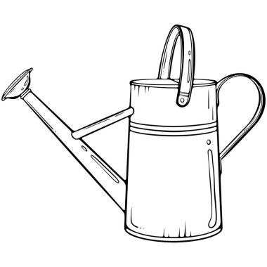 Yan manzaralı metal bahçe sulama kutusu. Bahçe malzemeleri. Çiftlikte çalışmak için aletler. Elle çizilmiş robot resim çiziminde vektör illüstrasyonu. Çizgi sanatı boyama kitabı için beyaza izole edilmiş