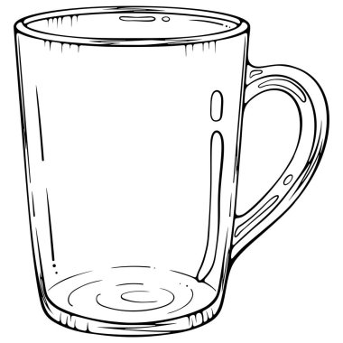 Sıcak su için kulplu boş cam çay fincanı. Elle çizilmiş taslak biçiminde vektör illüstrasyonu. Çizgi sanatı boyama kitabı için beyaza izole edildi, yazdırma
