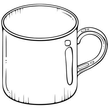 Sıcak içecekler için kulplu boş seramik bardak. Kahve, çay, kapuçino. Elle çizilmiş taslak biçiminde vektör illüstrasyonu. Çizgi sanatı boyama kitabı için beyaza izole edildi, yazdırma