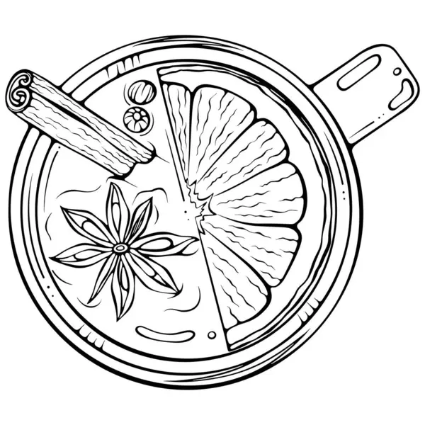 Baharatlı sıcak şarap manzarası. Citrus, yıldız anason ve tarçın sıcak bir içeceğe yapışır. Elle çizilmiş robot resim çiziminde vektör illüstrasyonu. Çizgi sanatı boyama kitabı için beyaza izole edildi, yazdırma