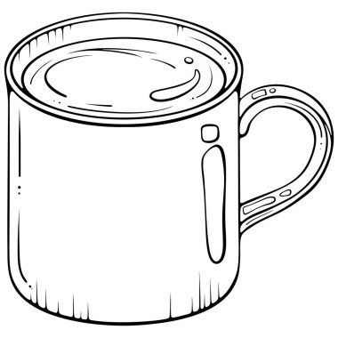 Kabzalı seramik ya da metal bardakta sıcak içecek. Sıcak çay ya da kahve zamanı. Elle çizilmiş taslak biçiminde vektör illüstrasyonu. Çizgi sanatı boyama kitabı için beyaza izole edildi, yazdırma