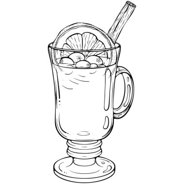 Yaban mersinli sıcak şarap ve saplı cam bardak içinde portakal dilimi. Şenlikli ve samimi bir içki. Elle çizilmiş taslak biçiminde vektör illüstrasyonu. Çizgi sanatı boyama kitabı için beyaza izole edilmiş