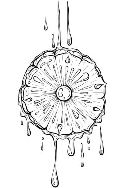 Damlayan meyve suyu ya da su damlası ile sulu yuvarlak ananas dilimi. Meyve suyu veya meyve suyu markası için mükemmel. Elle çizilmiş vektör çizimi. Çizgi sanatı boyama kitabı için beyaza izole edilmiş