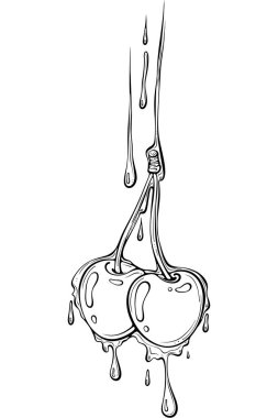 İki kiraz ve su veya meyve suyu. Organik tatlı tasarımı, gıda etiketi ya da dövme çizimleri için şık meyve çizimleri. Elle çizilmiş taslak biçiminde vektör illüstrasyonu. Çizgi sanatı beyazda izole