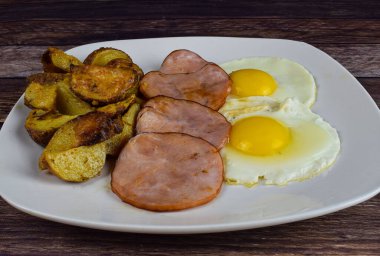 two eggs with canadian bacon and home fries
