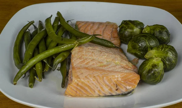 Baked Salmon Served Brussel Sprouts String Beans — Stock Photo, Image