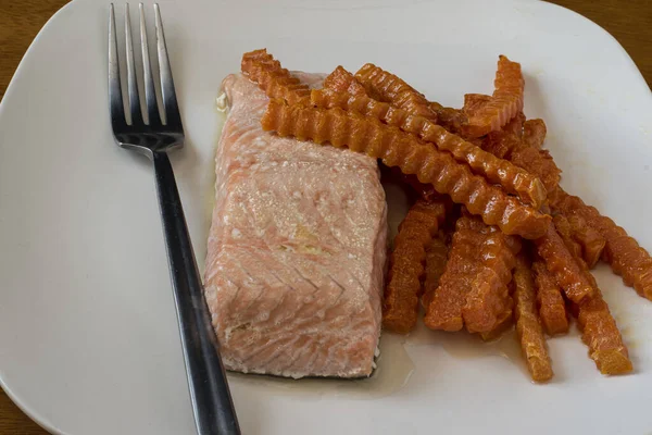 Baked Salmon Served Butternut Squash Fries — Stock Photo, Image