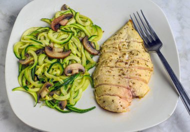  Dilimlenmiş tavuk göğsü. Kabaklı erişteyle servis ediliyor. Üstü mantarlı., 