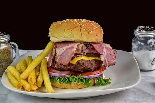 Pastrami Cheese Burger Tomatoes Onions Served French Fries Stock Photo