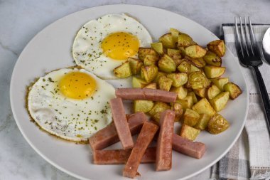 Maydanozlu sahanda yumurta, az pişmiş konserve jambon ve patates kızartması.,