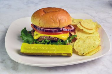 Peynirli burger üstü domatesli ve soğanlı patates cipsi ve turşulu;,