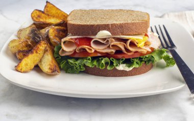 hindi salatalı, domatesli ve peynirli buğday ekmekli patates dilimli..