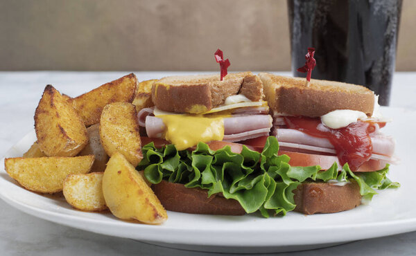 ветчина с салатом, помидорами и сыром на поджаренном хлебе подается с картофельными клинками