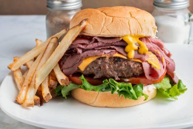 Peynirli brurger üstü, kızarmış biftekli ve kızarmış patatesli.,.