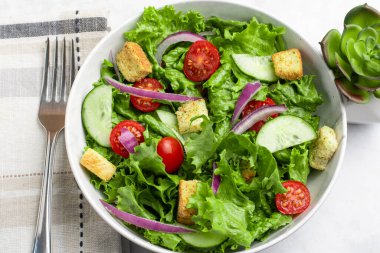 Domatesli bahçe salatası, salatalık ve kızarmış soğan., 