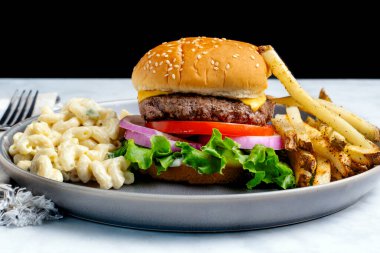 Peynirli burger, domates ve soğanlı susamlı çörek patates kızartması ve makarna salatası.