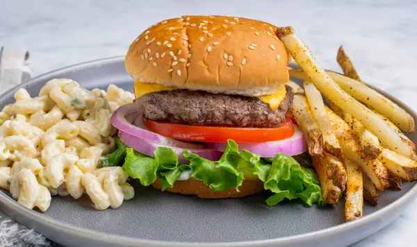 Peynirli burger, domates ve soğanlı susamlı çörek patates kızartması ve makarna salatası.