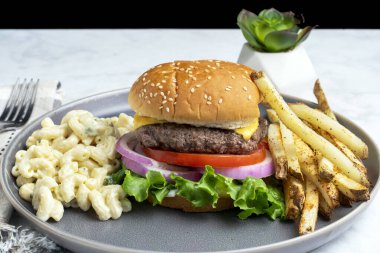 Peynirli burger, domates ve soğanlı susamlı çörek patates kızartması ve makarna salatası.