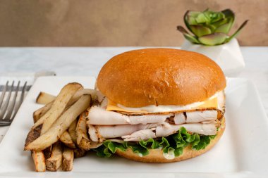  hindi, marul peyniri ve mayonezli çörek ile birlikte ev yapımı patates kızartması.