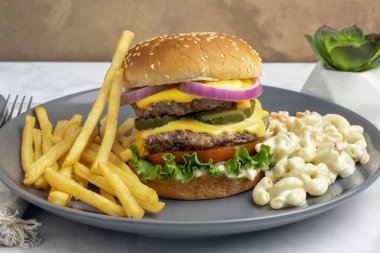 Çift peynirli burger, turşu ve soğanlı makarna salatası ve patates kızartması.