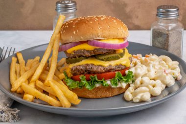 Çift peynirli burger, turşu ve soğanlı makarna salatası ve patates kızartması.