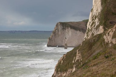 Mart ayında Durdle Door yakınlarındaki Jurassic Sahili 'nin bir parçası olan kireçtaşı kayalıkları, Dorset, İngiltere, İngiltere