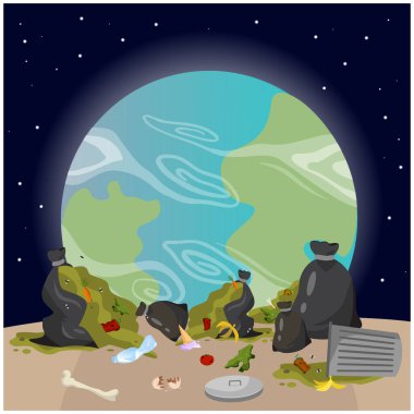 Kirlenmiş gezegen Dünya görünümü uzay enkazı vektörü düz