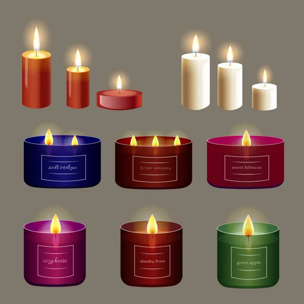 Set Kerzen Verschiedenen Formen Aromatischer Vektorrealismus Einem Glas Sojawachs — Stockvektor
