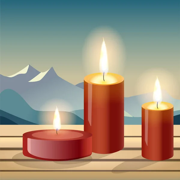 Ein Set Roter Kerzen Vor Bergkulisse Mit Holzboden Für Meditation — Stockvektor