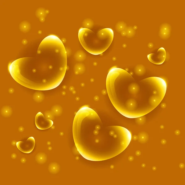 Corações Dourados Com Brilho Amor Vetor Vidro Transparente — Vetor de Stock