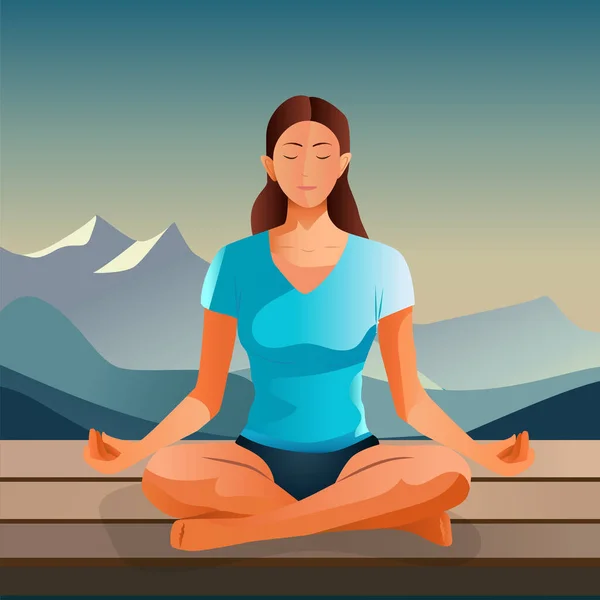 Dağlarda Meditasyon Yapan Bir Kız Rahatlatıcı Meditasyon Rahatlatıcı Aydınlanma Budizm — Stok Vektör