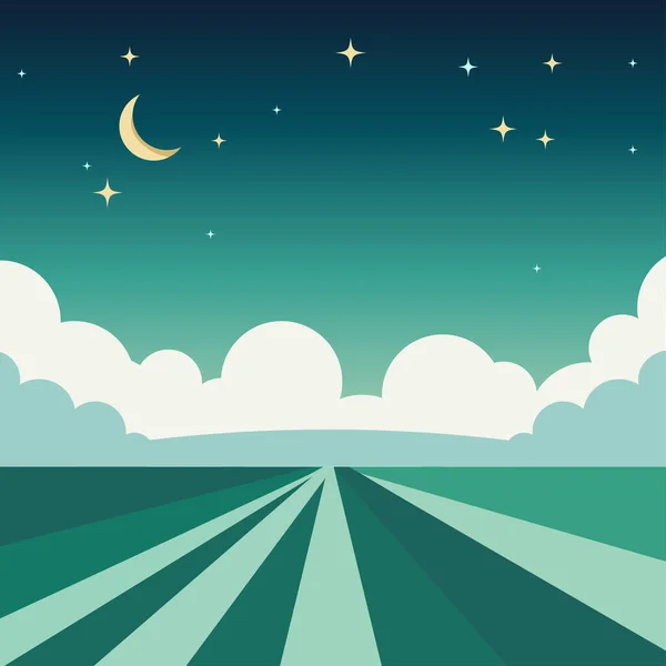 Nacht Landschaft Vektor Cartoon Grüne Sterne Monat Wolken — Stockvektor