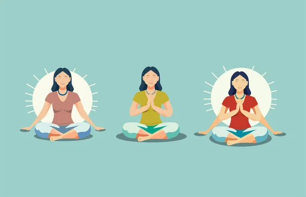 Set Lány Meditál Nap Istennő Szelíd Meditáció Megvilágosodás — Stock Vector