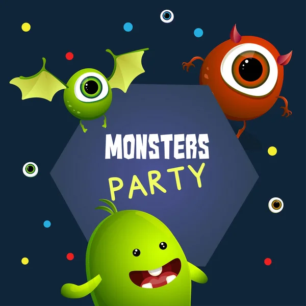 Cute Monsters Halloween Party Invitation Dark Background Green Red Monster — Stock Vector