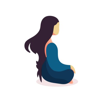 Sırtındaki nilüfer çiçeğiyle meditasyon yapan bir kız. Beyaz arkaplanda izole edilmiş basit bir vektör illüstrasyonu