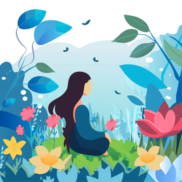 Uma Menina Jardim Florescendo Meditando Saúde Mental Recuperação Ilustração Vetorial — Vetor de Stock