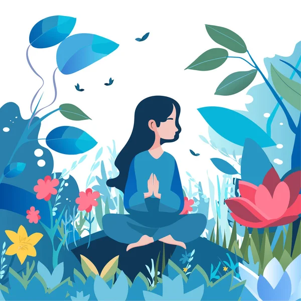 開花期の庭で瞑想中の少女 精神的な健康と回復 ベクターイラスト — ストックベクタ