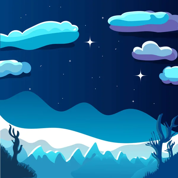 Пейзаж Леса Звездной Ночи Мультфильм Стиле Горы Деревья Заднем Плане — стоковый вектор