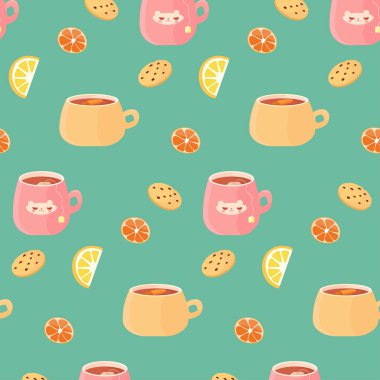 Yeşil arka planda limonlu çay ve kurabiyelerin deseni. Vektör illüstrasyonu.