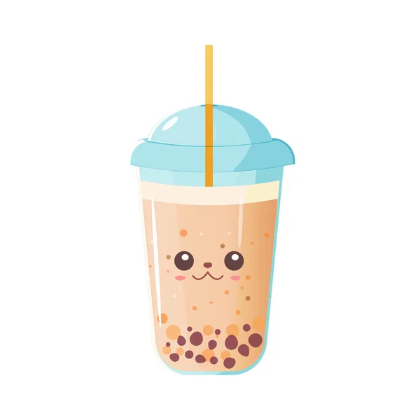 Coffee Milk Frappe Bubble Tea Cute Face Take Out Glass — Stock Vector