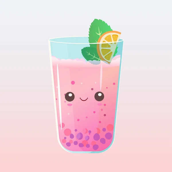 Fruity Pink Bubble Tea Mint Orange Lemon Cute Kawaii Face — Stock Vector