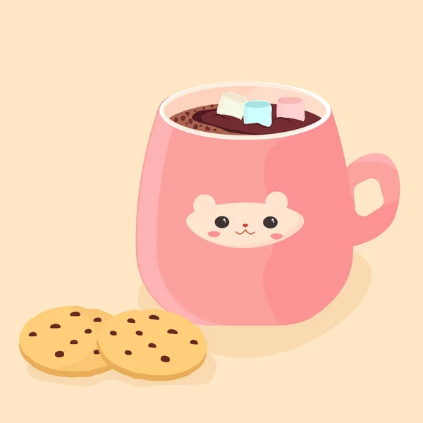 Pink Mug Cute Coffee Face Marshmallows Cookies Cozy Atmosphere Vector — Stock Vector