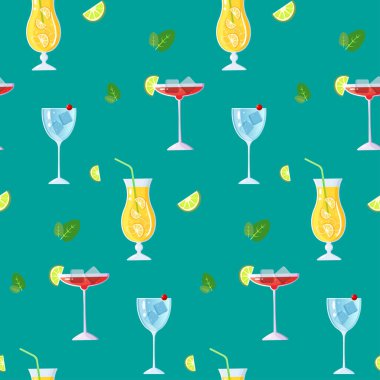 Yeşil arka planda kokteyl ve nane desenleri. Vektör illüstrasyonu.