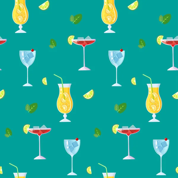 Cocktail Und Minzmuster Auf Grünem Hintergrund Vektorillustration — Stockvektor