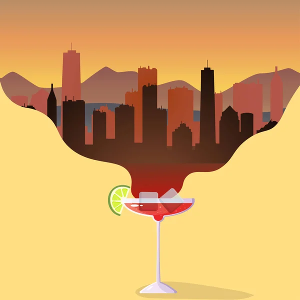 Aus Dem Cocktail Manhattan Kommt Die Stadt Bei Sonnenuntergang Vektorillustration — Stockvektor