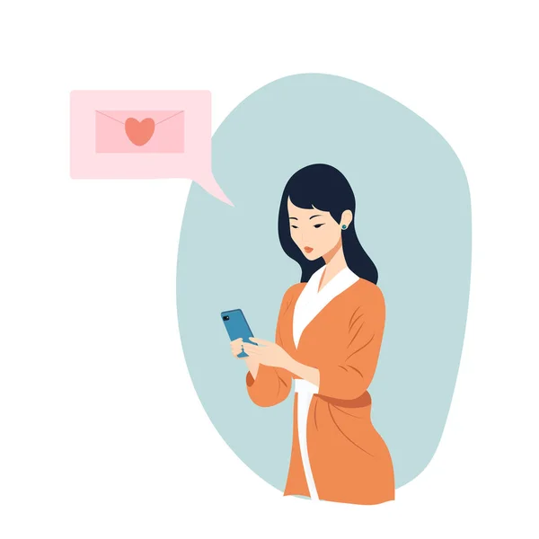 一个美丽的亚洲女人收到一条短信并举起她的手机 在看电话 女商人 矢量说明 — 图库矢量图片