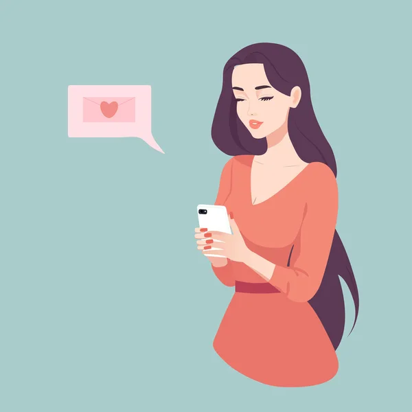 Beautiful Girl Holding Her Phone Looking Received Love Message Vector — Stock Vector