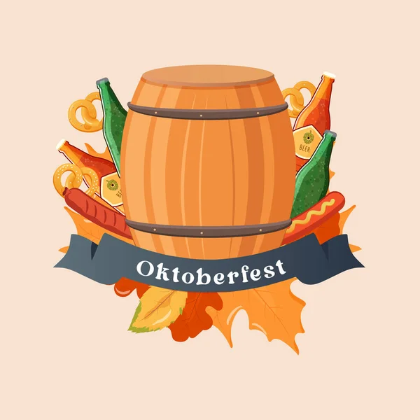 Oktoberfest Emblem Bier Flasche Brezeln Und Würstchen Vektorillustration — Stockvektor