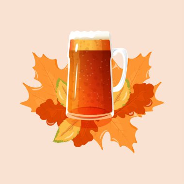 Yapraklı arka planda bir kupa bira. Ekim Festivali. Logonun vektör illüstrasyonu