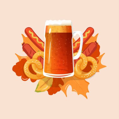 Oktoberfest amblemi bira, sosis ve bretzels yapraklı arka plan. Vektör illüstrasyonu